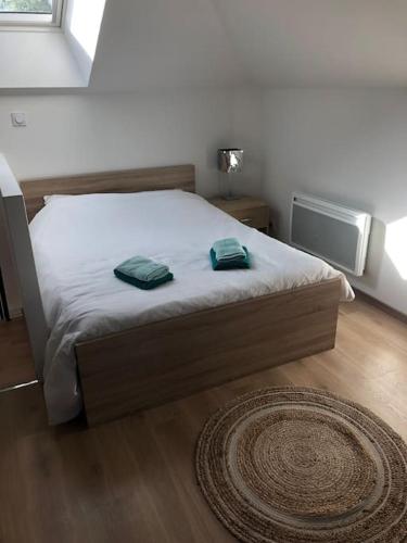1 dormitorio con 1 cama y 2 toallas verdes en La maison d’à côté, en Troyes