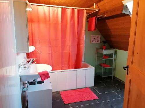 a bathroom with an orange shower curtain and a sink at Like on cloud nine - Apartment in Emmental 