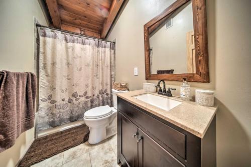 y baño con lavabo, aseo y ducha. en Cabin in Lake Chautauqua on 36 Acres with Hot Tub!, en Ashville