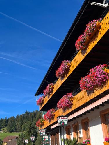 a building with flowers on the balconies at Boutique Hotel and Apartments Pension Sternen in Todtmoos
