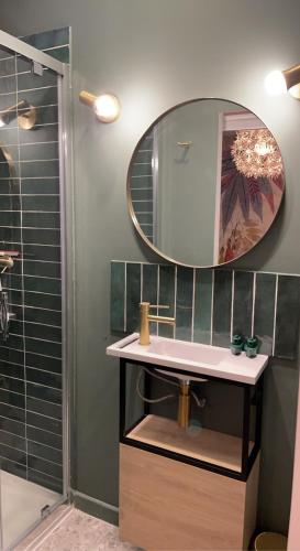 une salle de bain avec un lavabo et un miroir dans l'établissement URBAN Maison tout confort 15 mn Rouen avec parking facile, à Montville