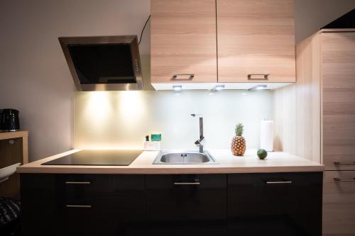 a kitchen with a sink and wooden cabinets at feines Apartment direkt beim Parlament Rathaus in Vienna