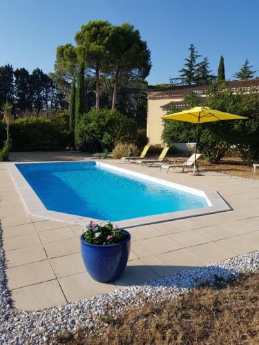 une piscine bleue avec un planteur et un parasol dans l'établissement LE PATIO, à Sarrians
