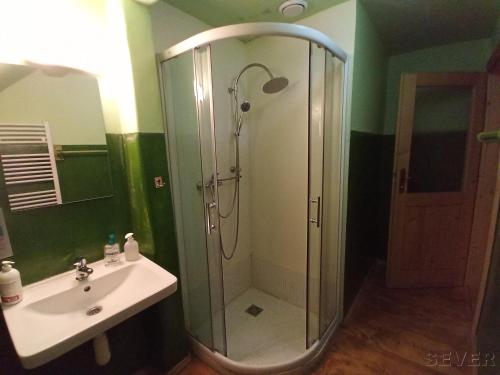a bathroom with a shower and a sink at Ekocentrum DOTEK in Horn&iacute; Mar&scaron;ov