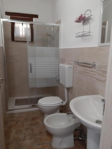een badkamer met een toilet, een douche en een wastafel bij Agriturismo Tre Monti in Meggiano