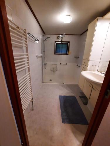 a bathroom with a shower and a sink at Chalet M & J in Heel