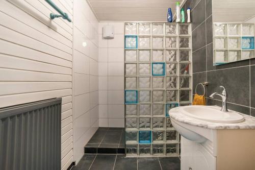 een badkamer met een wastafel en een douche bij Akkerhorst boerderij Lollum in Friesland. in Lollum
