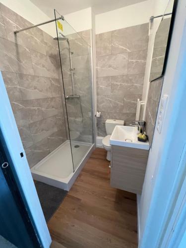 een badkamer met een douche, een toilet en een wastafel bij Villa Sainte Marguerite in Wimereux