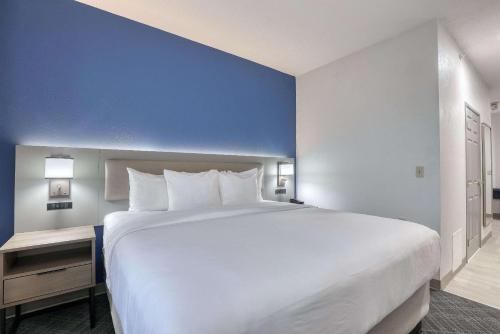 a large white bed in a room with a blue wall at Comfort Suites Milwaukee Airport in Oak Creek