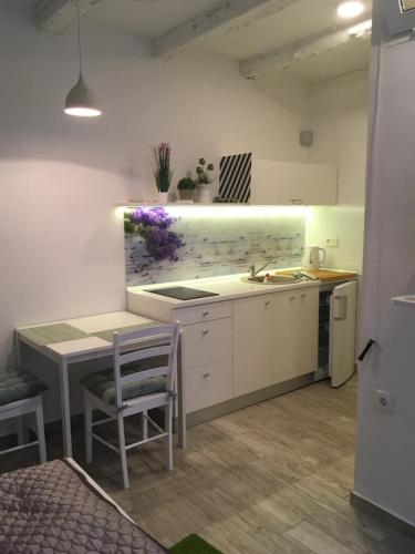 a kitchen with a sink and a table with chairs at Studio Apartment Sisi in Opatija