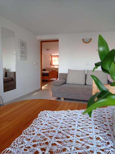a living room with a couch and a rug at Kékház Vendégház in Écs