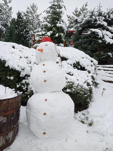 a snowman is standing in the snow at Kékház Vendégház in Écs
