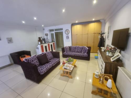 a living room with two couches and a coffee table at Thermal Orkide Pansiyon in Yalova