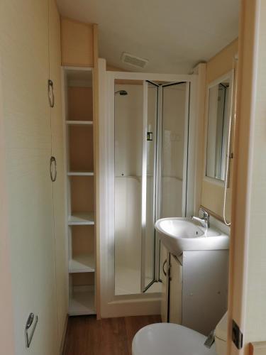 a bathroom with a shower and a sink and a toilet at Keja Domki Chłapowo in Władysławowo