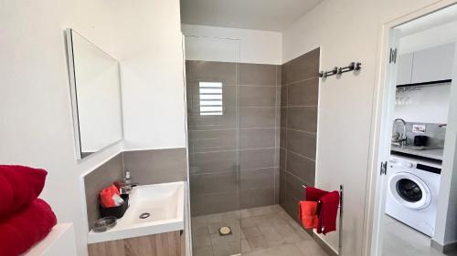 a bathroom with a sink and a washing machine at Le Sea-Breeze - Beau studio piscine VUE LAGON in Marigot