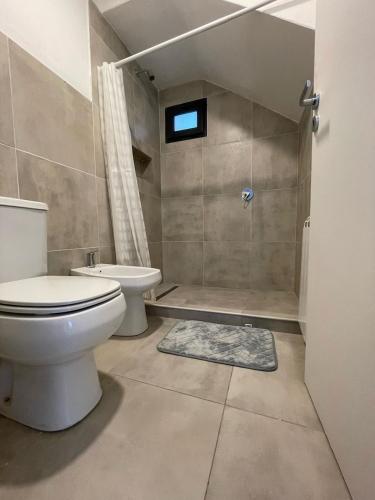 a bathroom with a toilet and a shower at Los Coirones 3 - Cabaña con jardin in Dina Huapi