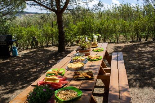 un lungo tavolo da picnic con piatti di cibo sopra di Kabaceira Glamping a Atalaia