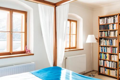 a bedroom with a bed and a book shelf with books at Hallstatt Hideaway - Adults only in Hallstatt