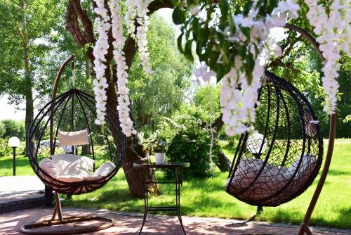 two swing chairs sitting under a tree with white flowers at Rusne Villa in Rusnė