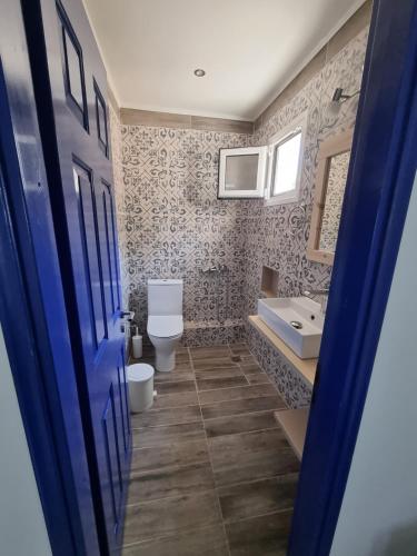 La salle de bains est pourvue de toilettes et d'un lavabo. dans l'établissement Villa Grabella-Amazing sea view and swimming pool, à Pitsidia
