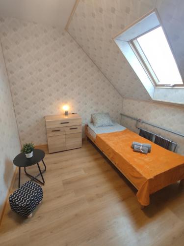 Schlafzimmer im Dachgeschoss mit einem Bett und einem Dachfenster in der Unterkunft Birzītes 5 in Valmiera