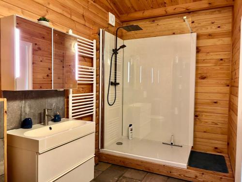 een badkamer met een douche en een wastafel bij Buddha style family house & jacuzzi & sauna near Amsterdam in Vijfhuizen