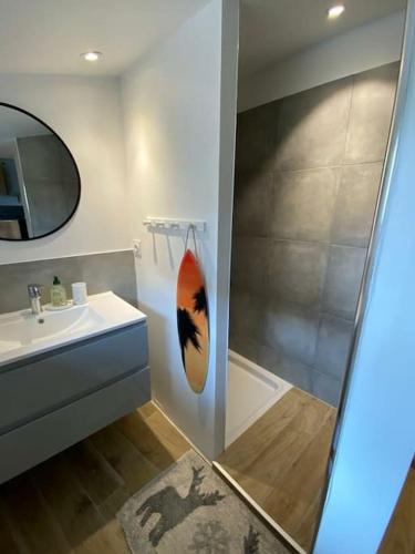une salle de bain avec douche et lavabo dans l'établissement Maisonnette,100m mer, proche St Malo/Cancale, WIFI, à Saint-Benoît-des-Ondes
