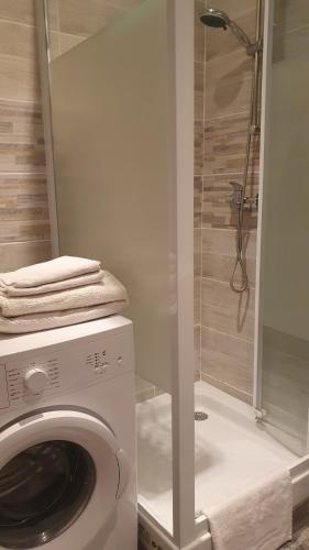 uma máquina de lavar roupa na casa de banho com um chuveiro em Belle Place 89 Appartement em Auxerre