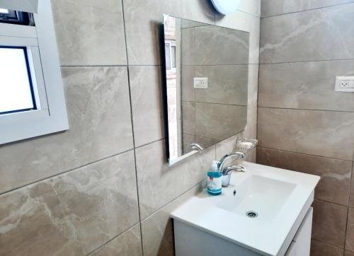 een badkamer met een wastafel en een spiegel bij מול חרמון in Majdal Shams