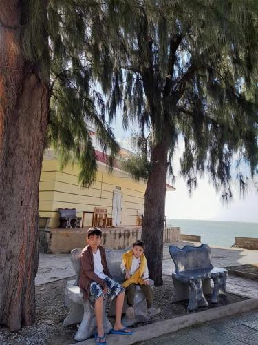 two young boys sitting on a bench under a tree at Mũi Dinh Hotel in Phan Rang