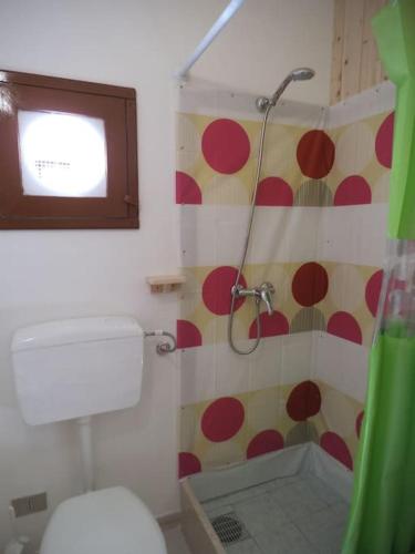 y baño con ducha, aseo y lavamanos. en Casa Derna 25dx, en Castellammare del Golfo