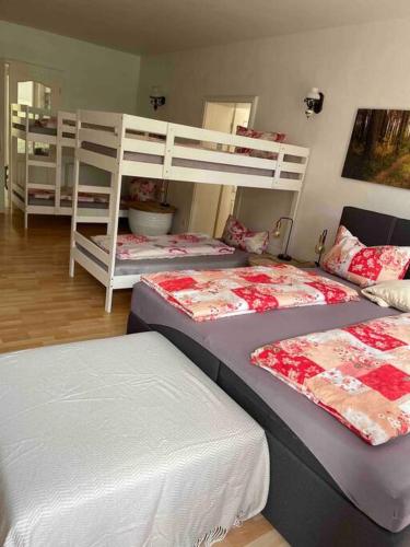 a bedroom with three beds and a bunk bed at Seeblick zwei im Waldschlößchen in Wendisch Rietz