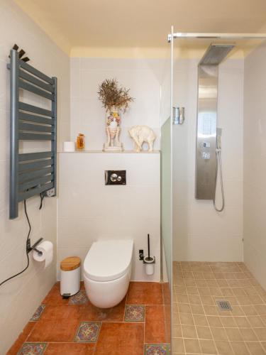 a bathroom with a toilet and a glass shower at Can Moresch in Parets de Ampurdá