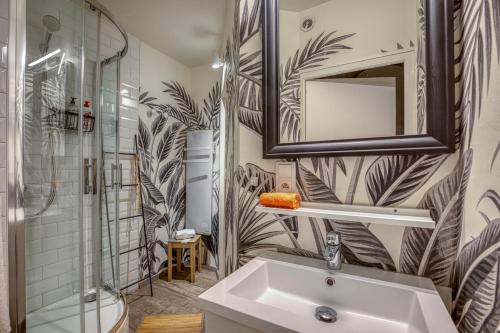 een badkamer met een wastafel, een douche en een spiegel bij Charmant T3 - centre ville - proche du lac in Annecy
