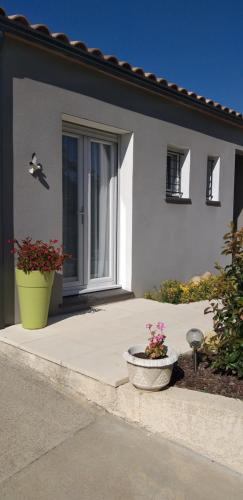una puerta delantera de una casa con dos macetas en Chez Reinette en Capendu