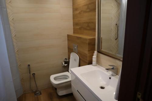a bathroom with a white sink and a toilet at Hayyat Luxury Hotel Apartments in Lahore