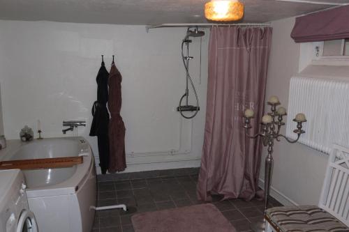 uma casa de banho com uma banheira, um lavatório e um chuveiro em Lekvattnet 123 em Torsby