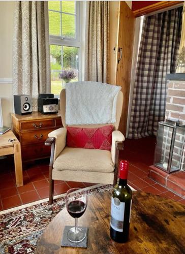 a living room with a chair and a bottle of wine at PantYCae in Llanidloes