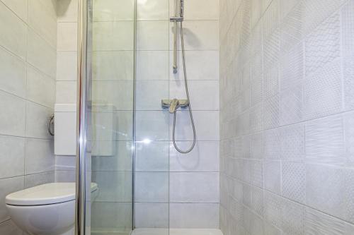 een badkamer met douche en toilet bij Apartment G37 in Zagreb