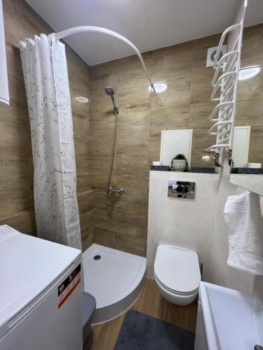 a bathroom with a toilet and a shower and a sink at ApartmentsByMatyrafa-I in Tarnowskie Góry