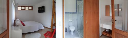 two pictures of a bathroom with a shower and a bedroom at Bendito Recanto in Penedo