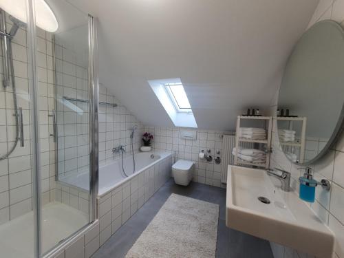 a bathroom with a shower and a tub and a sink at Blumen(t)raum Ferienwohnung 3 in Karlsruhe