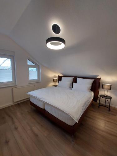 a bedroom with a large bed with a light on the ceiling at Blumen(t)raum Ferienwohnung 3 in Karlsruhe
