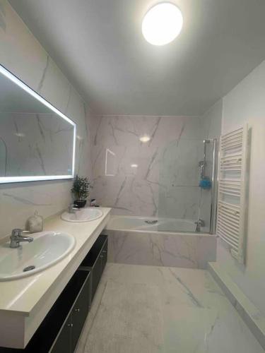 a bathroom with two sinks and a shower and a mirror at Appartement luxury in Montpellier
