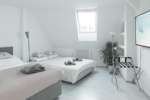 Dieses weiße Zimmer verfügt über 2 Betten und einen TV. in der Unterkunft Skolska Winter Terrace apartment in Prag