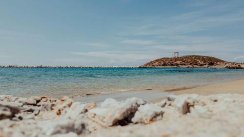 a beach with a small island in the water at HELIAIA in Naxos Chora