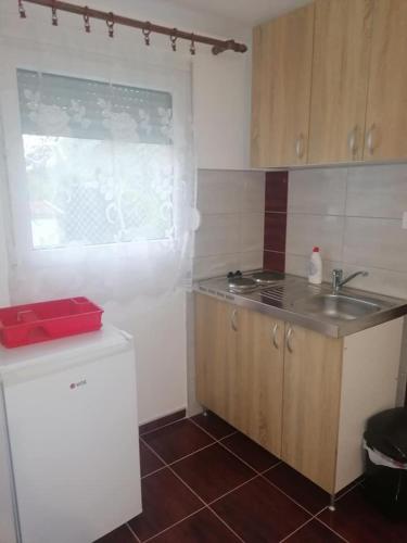 a small kitchen with a sink and a window at Apartmani Momčilović in Čanj