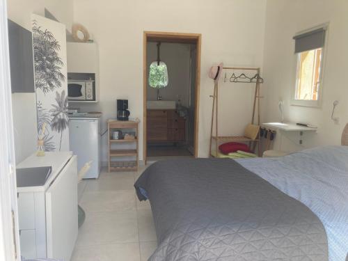 um quarto com uma cama e uma cozinha com um lavatório em Ti'colombier d Azur em Trans-en-Provence