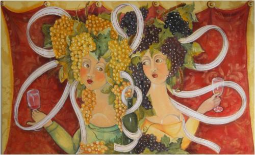 a painting of two women with grapes and wine at Il Pezzatino in Rufina
