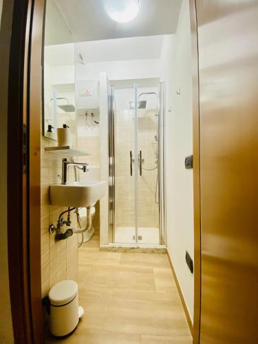 uma casa de banho com um chuveiro e um lavatório. em Petite room em Noicattaro